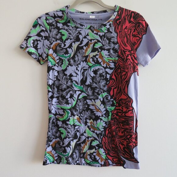 BALENCIAGA FW 2012 - 2013 Abstract Pop Art Cotton Tee T Shirt Lilac - Size XS - Picture 3 of 15